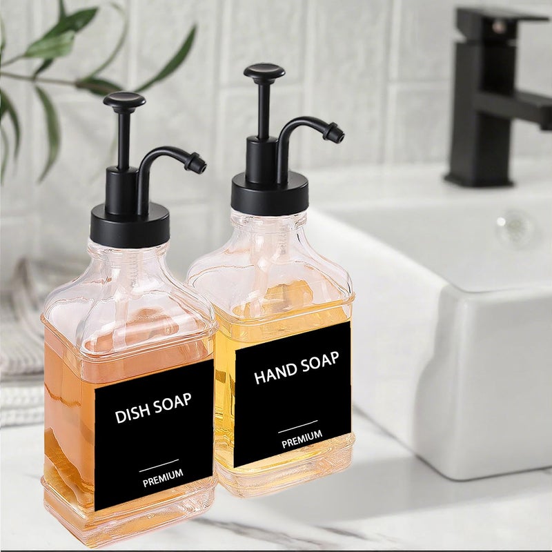 Hoousuper Dish Soap Dispenser for Kitchen, Hand Glass Soap Dispenser Set with Pump, Funnel for Bathroom, Shower, Laundry, Liquid, Lotion (Black 2 Pack 18 Oz Clear Bottles with 12 Stickers) - Image 5